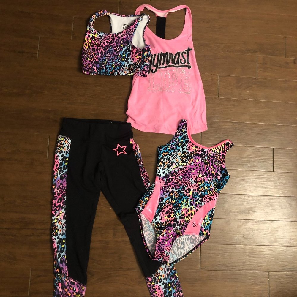 Justice Childrens Gymnastics Bundle Leotard, Leggings, Tank, and Sports Bra